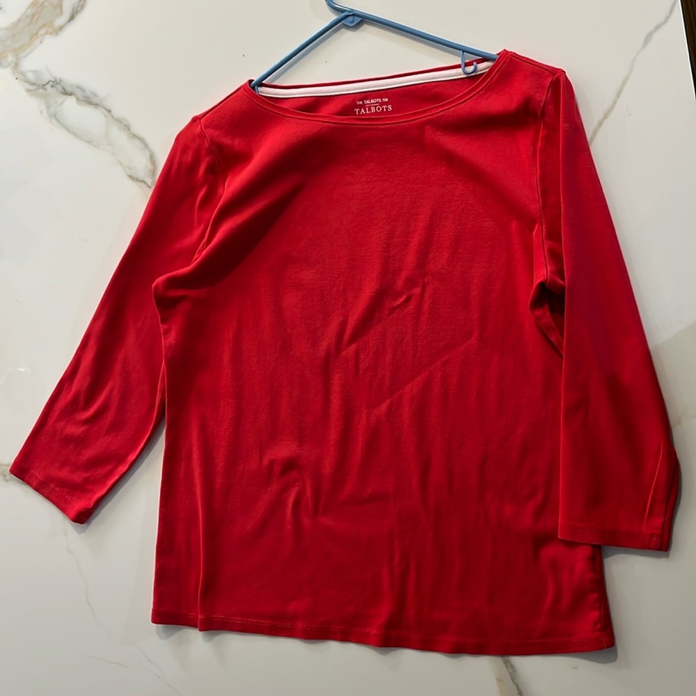 Talbots red boat neck 100% cotton jersey size large three-quarter length slaves